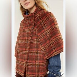 Anthropologie Tess Red Plaid Cape-let Jacket OS Fits like a M Wool Blend EUC